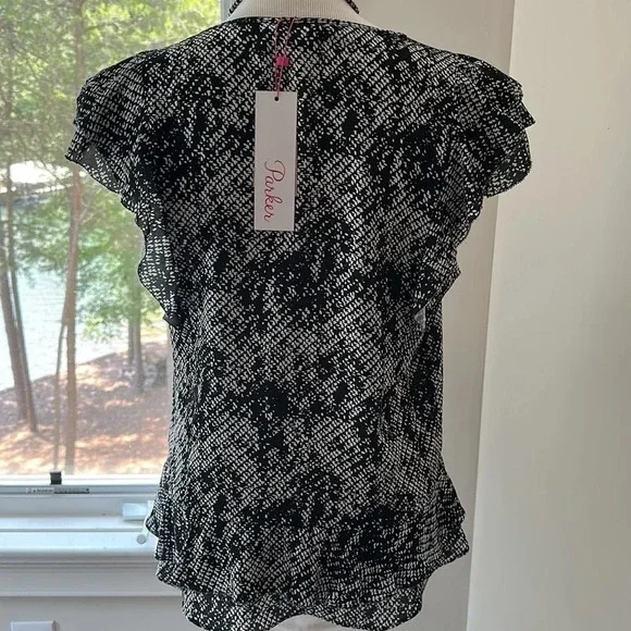 Parker Ruffle Sleeveless Black & White Blouse, Size Small, NWT - Picture 6 of 9